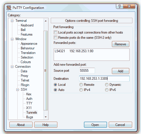 PuTTY SSH tunnel
